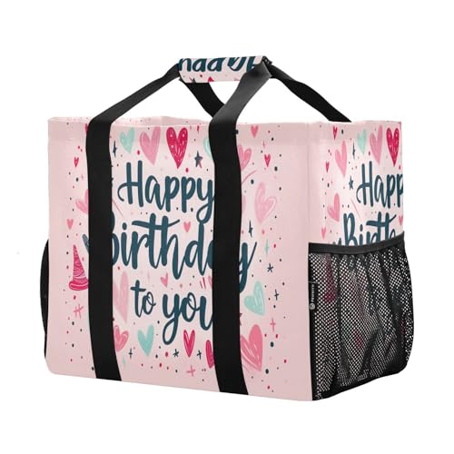 YETTASBIN Happy Birthday Large Foldable Travel Tote Bag, Lightweight Waterproof Swim Pool Bag with Handles & Pocket for Beach Outdoor, Reusable Grocery Bag for Kitchen, Shopping