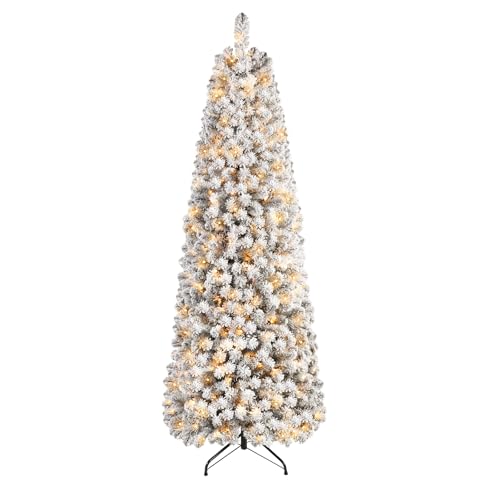 SHareconn Albero di Natale Artificiale 210cm Pre-Illuminato Slim con 250 Luci LED Bianco Caldo, Rami PVC ad Cerniera Innevate & Base Metallica, Albero Pencil Space Saving per Decorazione Casa Ufficio