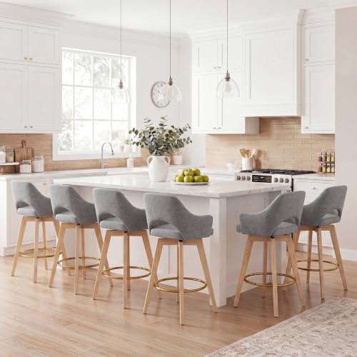 Image of Zesthouse Swivel Counter Stools Set of 6, Wooden Counter Height Bar Stools | 26 inch Farmhouse Counter Stools with Back & Arm, Upholstered Linen Fabric Barstool with Solid Wood Leg, Grey Island High Chairs