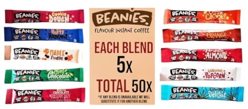Beanies Flavoured Instant Coffee Sticks Variety Pack – 50 Sachets, 10 Different Blends (5 of Each Flavour) – Sugar Free, Low Calorie, Vegan Instant Coffee Sticks