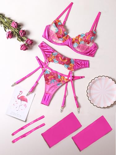 Image of Lilosy Sexy Leaf Floral Embroidered Mesh Sheer Women Underwire Push Up Lingerie Set