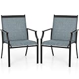 COSTWAY Garden Chairs Set of 2, Outdoor Metal Frame Texteline Dining Chairs with High Back and Armrests, All-Weather Patio Bistro Chair Deck Seats for Backyard Lawn Porch (Blue, 68 x 61 x 90 cm)