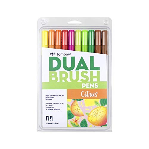 Tombow 56196 Dual Brush Pen Art Markers, Citrus, 10-Pack. Blendable, Brush and Fine Tip Markers