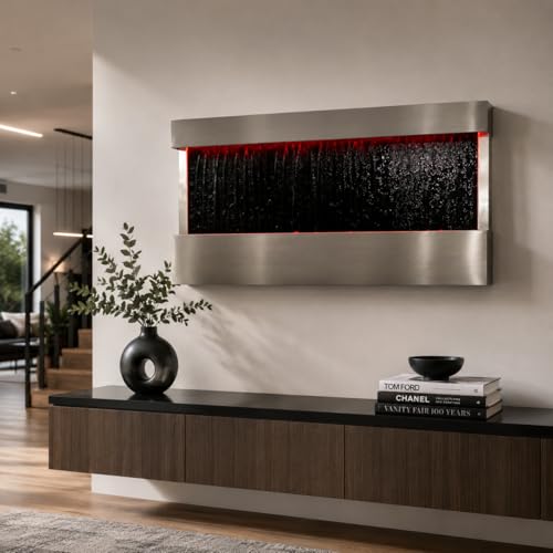 Image of 47 inch Indoor Wall-Mounted Waterfall Mirror Fountain with LED Lights & Smart Plug - Remote Control Water Feature, Modern Silver Decor with Rock Base by XBrand