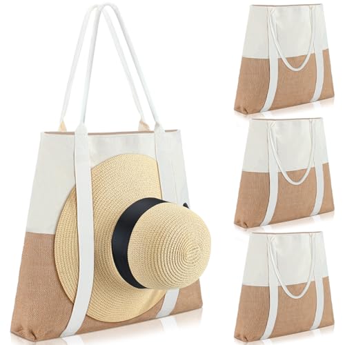 4 Pack Beach Bag Summer Large Woven Beach Tote Bag Boho Chic Travel Tote Bag With Hat Holder Strap for Women