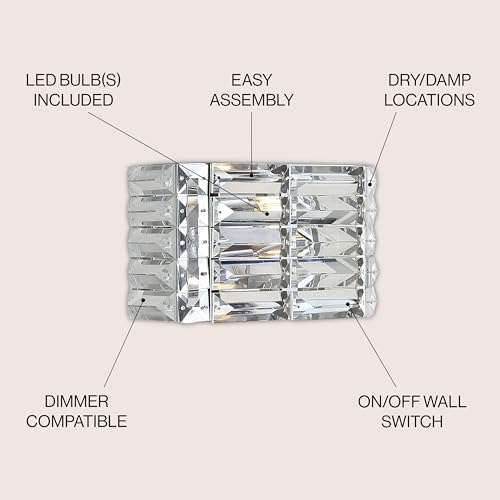 Image of JONATHAN Y 10 inch Chrome Modern Crystal Vanity Light, LED Bathroom Wall Sconce, 1-Light Fixture for Mirror, Glam Lighting with Clear Crystal Shade, Art Deco Makeup Wall Lamp JYL7538A