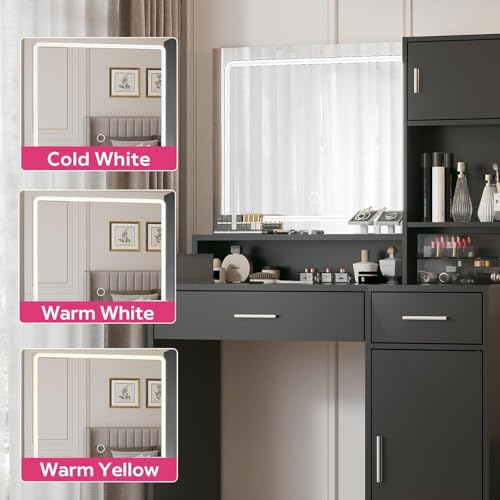 Image of Palimder Vanity Desk with Mirror & Light, Large Drawer Three Level Storage Dresser, 3 Lighting Modes Adjustable Brightness, Bedroom Dressing Table