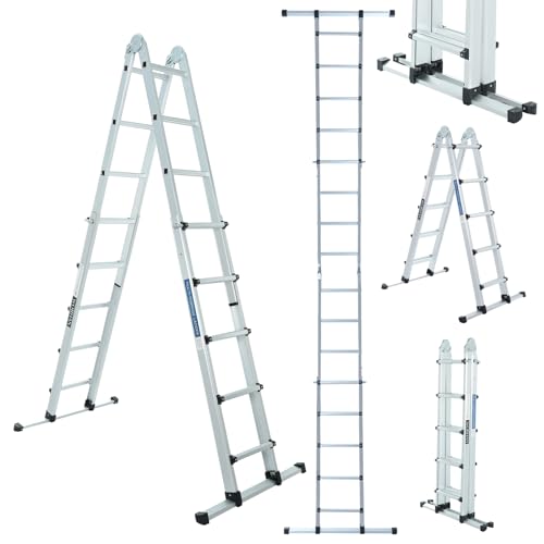 WORHAN Escalera Telescópica Extensible Aluminio 555cm con Estabilizador Escalera de Tijera Robusta Versátil Plegable LG5.5