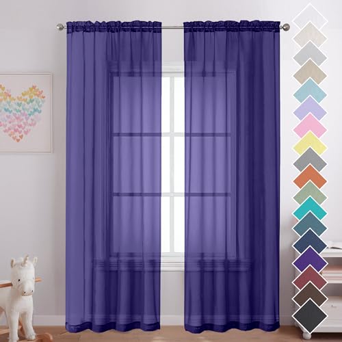 Image of OVZME 2 Pieces Sheer Curtains 96 Length Window Treatments, Voile Drapes Light Airy Window Decor for Patio Door Living Room Bedroom, Each W42 X L96 inches, Purple
