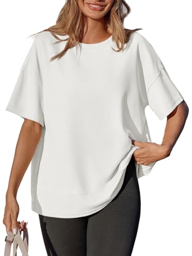 Tankaneo Womens Oversized Knit Tunic Tops Summer Casual Short Sleeve Round Neck T Shirt Loose Fit Side Split Waffle Tees