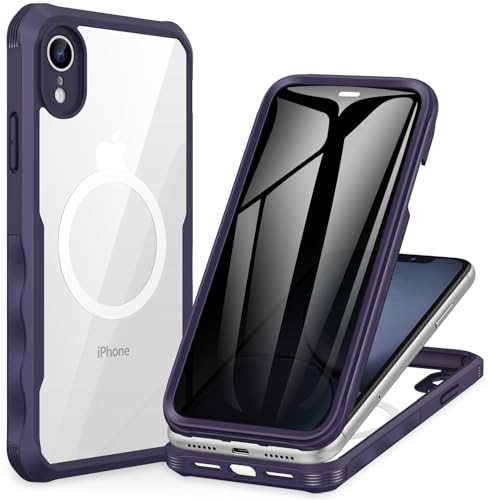 CENHUFO Privacy Magnetic for iPhone XR Case, Full Body Phone Case Built-in 9H Tempered Glass Privacy Screen Protector [Compatible with Magsafe] Shockproof Protective Bumper Clear Cover - Purple