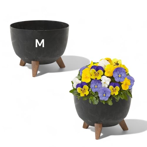 MELTOM Blumentopf mit Füßen aus Kunststoff, Schale Rund Betonmuster (Schwarz, M-29cm)