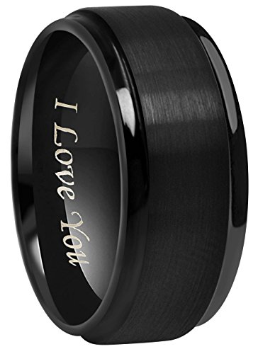 CROWNAL 6mm 8mm 10mm Black Tungsten Wedding Band Ring Engraved I Love You Men Women Step Down Edges Brushed Finish Size 4 To 17