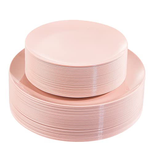 KIRE 60PCS Pink Plastic Plates Disposable - Heavy Duty Pink Plates for Party - Include 30Pieces 10.25inch for Dinner and 30Pieces 7.5inch for Dessert Salad