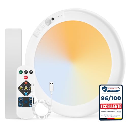 Combuh Lampada a Batteria Sensore di Movimento Luce Ricaricabile Garage Senza Fili, Autonomia 85 Giorni 6000mAh Plafoniera LED Senza Corrente Lampade da Soffitto per Doccia Balcone Rotondo 1pz