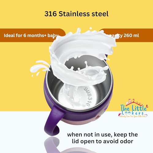 Image of THE LITTLE LOOKERS Stainless Steel Sipper Bottle 260ml | 316 Grade SS | BPA Free | Suitable for Hot & Cold |Travelling Bottle for Kids & Toddler|Training Sippy Cup with Straw /Spout (Purple)