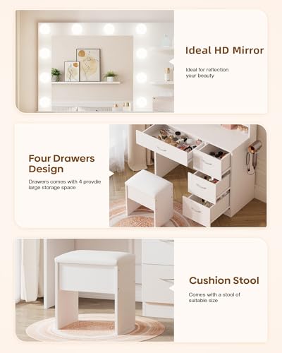 Image of LIVELYGLOW White Makeup Vanity Desk with Charging Station & 4 Drawers | 10 LED Bulbs, HD Mirror, Cushioned Stool, Hairdryer Rack