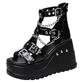 VOMIRA Wedge Sandals for Women Open Toe Punk Style Chain Buckle Studded Gothic Black Platform Sandal
