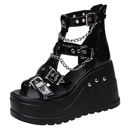 Vomira Wedge Sandals For Women Open Toe Punk Style Chain Buckle Studded Gothic Black Platform Sandals Gladiator Sandals #TOP11