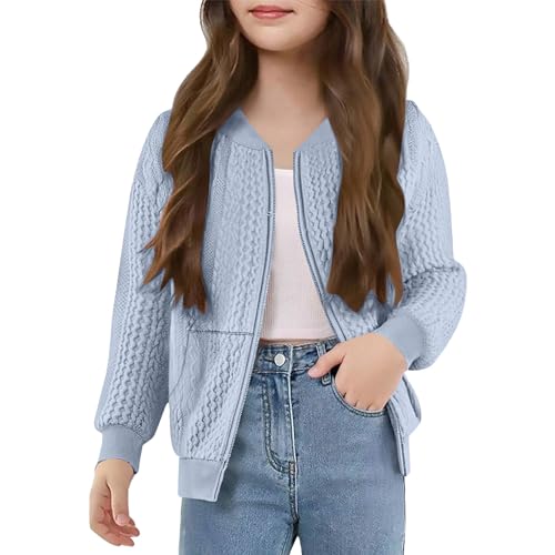 Bomber Jacket for Kids Girl Waffle Knit Casual Zip Up Baseball Jacket Lightweight Outerwear Coat with Pockets