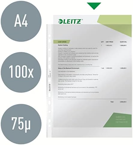 Leitz, perforowane kieszenie A4, gładki przezroczysty PP, 75 mikronów, Opakowanie 100 kieszeni, 4770002