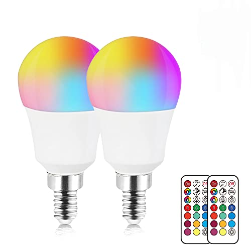 DoRight E14 Colour Changing LED Bulbs, 3W Dimmable RGBW Golf Ball Bulb with Remote Control SES Multi Coloured E14 Bulb with Memory & Timer Function RGB+Warm White for Home Party Mood Lighting (2-Pack)