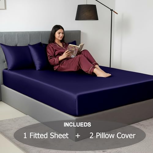 Image of Soft and Silk Satin Fitted Bedsheet for Queen Size 60X78 +12 in - Elastic Fitted Sheet 400 TC Hotel Collection for Bedroom | Fitted Sheet with Pillow Cover - Navy Blue,