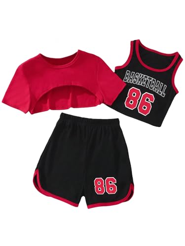 Image of OYOANGLE Girl's 3 Piece Outfit Letter Graphic Basketball Tank Top and Track Shorts with Crop Top
