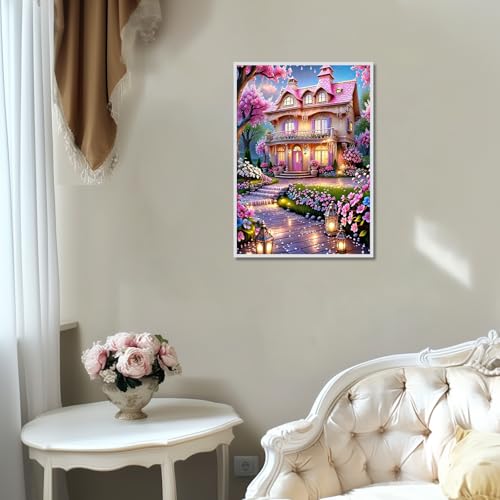 Image of AiYuanzsh 5D Diamond Painting Kits for Adults, European Cottage Diamond Art Kits for Adults Beginners, Cherry Blossoms Landscape DIY Full Drill Diamond Dot Gem Painting for Home Wall Decor 12x16 inch