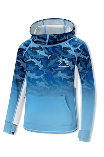 BesserBay Youth Boys UV Protection Ralgan Long Sleeve Fishing Shirt Thumb Holes Hooded Rash Guard with Pocket 6-16 Years