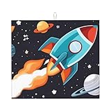 WHJSHOP Kitchen Drying Mat 8x8 in - Absorbent Dish Drying Mat for Countertop - Non-Slip Reversible Mat for Draining Rack rocket clipart space ship Prints