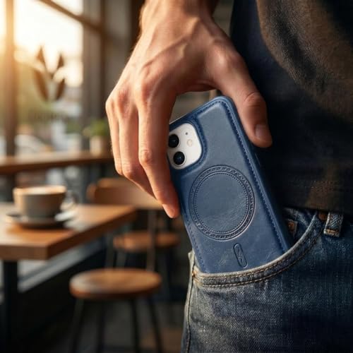 Image of amazon basics Premium PU Leather Case for iPhone 12 Pro, MagSafe Compatible Magnetic Ring, Sleek Protective Back Cover - [Blue]