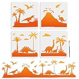 MAYJOYDIY 4pcs Dinosaur Jurassic Stencils 44×11inch Splicing Large Tyrannosaurus Rex Stegosaur Templates with Paint Brush Pterosaur Coconut Tree 11.8×11.8inch Drawing Stencils for Crafts Wood Wall