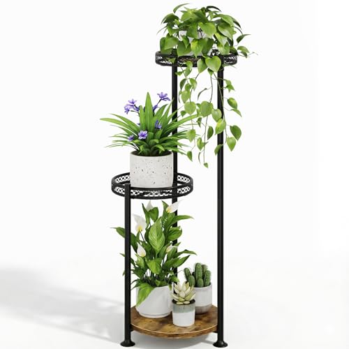 Bamworld Porta Piante Alto a 3 Livelli da Interno, da Esterno Mensola per Piante in Metallo per Piante Multiple, Supporti per Fiori per Patio Angolo Giardino Soggiorno Balcone, Nero