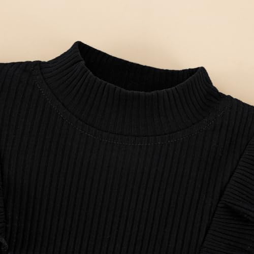 Image of Weixinbuy Toddler Girl Fall Winter Clothes Solid Long Sleeve Ribbed T-Shirt Knit Tops Plaid Button Mini Skirts Set Outfits