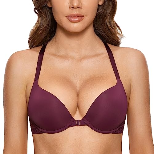 Image of DOBREVA Women's Push Up Bra Front Closure Racerback | Lace Back, Padded, Plunge, Tshirt, Cleavage, Sexy, Date, Soft, Everyday, Supportive