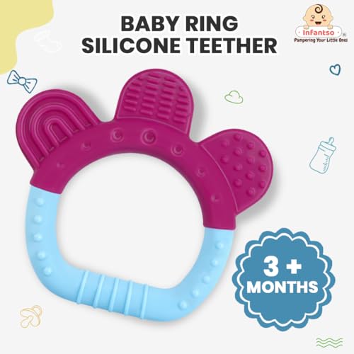 Image of Infantso Non-Toxic Food-Grade Silicone Baby Teether, BPA-Free for Pain-Relief Easy Teething, for 2+ Months Babies (Ring Blue)