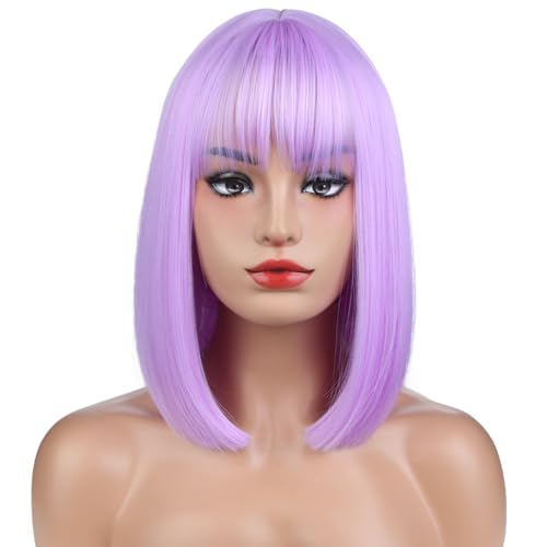 MAGQOO Lavender Wig for Women Girls Purple Bob Wig Short Straight Light Purple Wig with Bangs Synthetic Heat Resistant Halloween Cosplay Costume Party Daily Use
