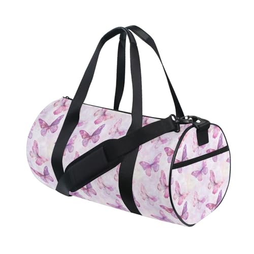 Pink Butterfly Sports Duffel Bag Large Capacity Barrel Gym Bag with Full Print Polyester Fabric, Multiple Pockets and Detachable Strap for Sports Gym and Weekend Getaways3