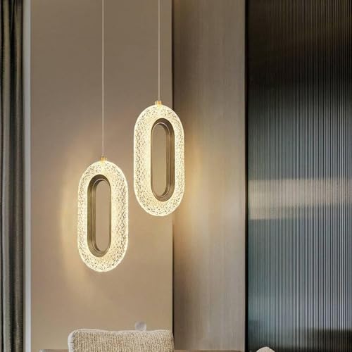 Image of SINOMAN Modern LED Hanging Pendant Light Crystal Acrylic Shade Ceiling Lamp Gold Finish Oval Shape 3 in 1 Color Changing, Ambient Lighting Set of 2 for Living Room, Bedroom, and Home Decoration