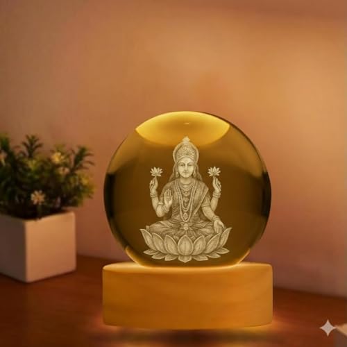 Image of 3D Crystal Ball Night Lamp - Engraved Goddess Lakshmi LED Light, USB-Powered Table Lamp with Wooden Base, Elegant Home & Office Decor, Bedroom, Anniversary, Birthday Gift (Warm White)