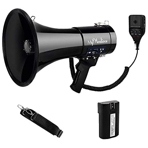 MyMealivos Megaphone with Siren Bullhorn 50 Watt Bullhorn Speaker with Detachable Microphone, Portable Lightweight Strap & 3.5mm Aux Input (Ink+Battery) Cover