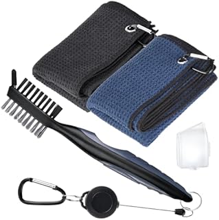 Vyuwast 4 Pack Golf Accessories for Men, 2 Pack Golf Towel with Clip for Golf Bags and Golf Club Cleaner Brush and Dust Cover Divot Carabiner Kit