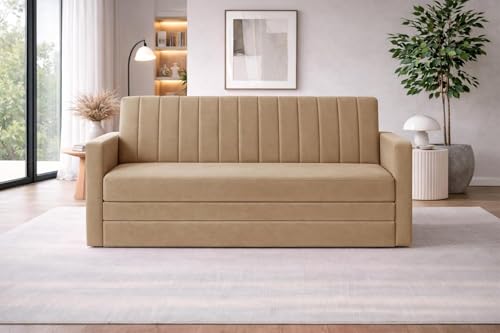 Image of Rosebell Foldable Sofa-Cum-Bed | 3-in-One Sofa Couch with Armrest | Modern Fabric Sofa for Living Room, Bedroom & Office-Golden-Color