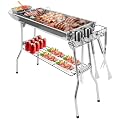 KOCASO Foldable Barbecue Charcoal BBQ Grill, Folding BBQ Grill, Portable Stainless Steel Barbeque Grill For Picnic Camping Backyard Cooking, Foldable Grill Table with Non-Stick Frying Pan, Silver