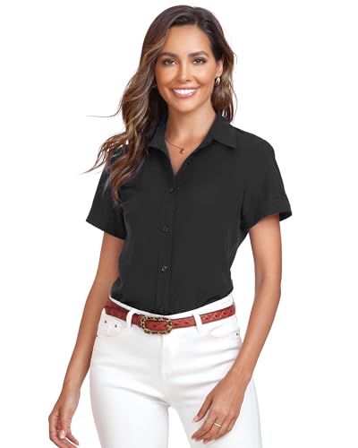 black short sleeve dress shirt women Women's Button-Up Shirt