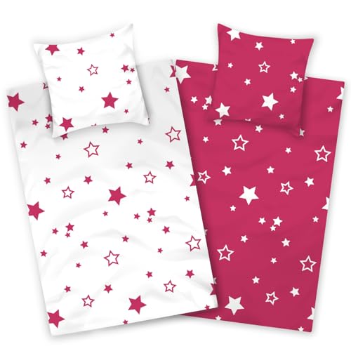 Aminata kids Bettwäsche 135x200 Baumwolle Sterne weiß pink Stern-Motiv, Reißverschluss weich & atmungsaktiv, Bettwäsche-Set Damen Mädchen - Wendebettwäsche
