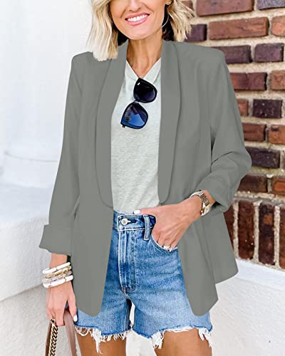 Newffr Womens Casual Blazer Jackets - Open Front Long Sleeve Lapel Collar Work Office Jackets Blazer Summer Outwear Light Gray #TOP3