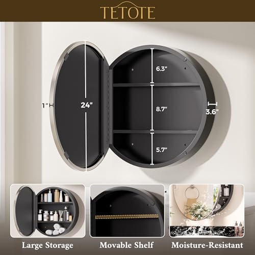 Image of TETOTE 24 x 24 Inch Medicine Cabinet Mirror Brushed Nickel Framed Round Mirrored Medicine Cabinets for Bathroom Adjustable Shelves Modern Bathroom Mirror with Storage Wall Mounted