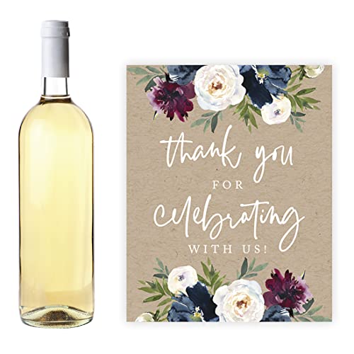 Andaz Press Kraft Brown with Burgundy Midnight Blue Florals Fall Wedding Party Collection, Wine Bottle Label Stickers, Thanks for Celebrating with Us, Floral Bouquet Graphic Design, 20-Pack